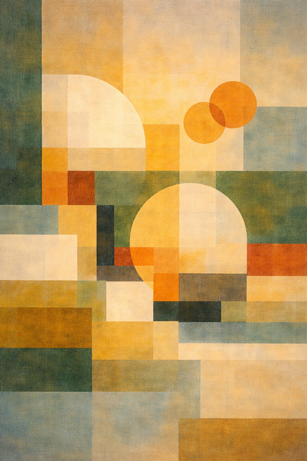 Quiet Geometry I: Shared Orbits — mid-century abstract with overlapping circular forms in warm amber and cream