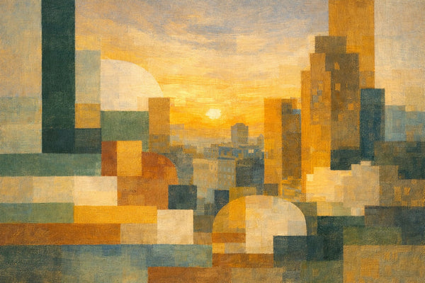 Quiet Geometry V: City Afterlight — abstracted skyline at dusk, towers in warm gold and deep teal with a pale sun