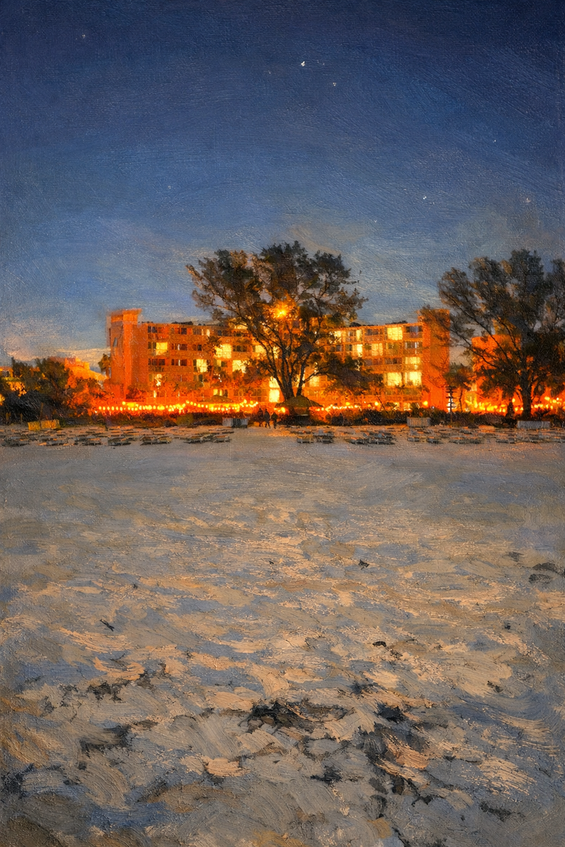 Quiet Geometry VI: Evening Hold — warm low light against deep blue dusk, still and enclosed