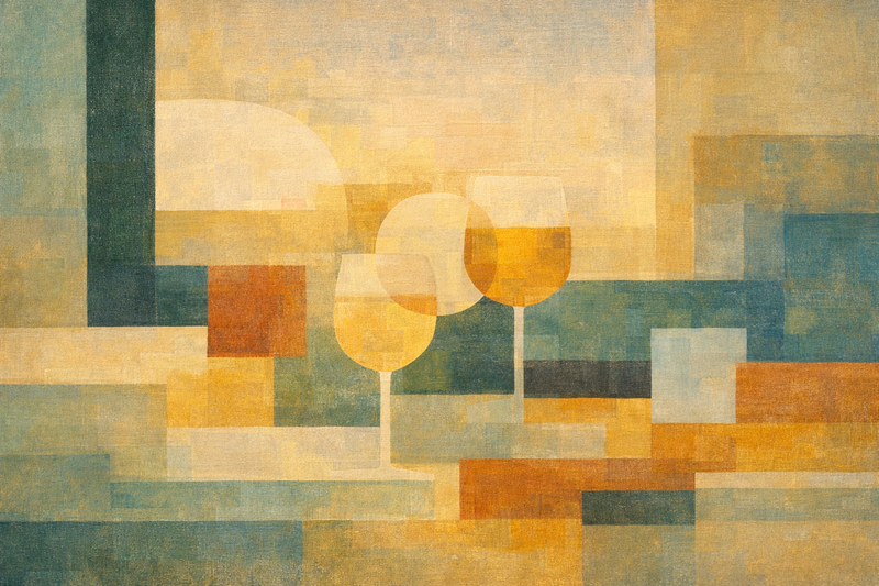 Quiet Geometry II: Evening Conversation — mid-century abstract, two soft glass forms in muted gold and blue
