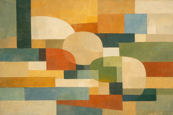 Quiet Geometry IV: Still Structure — mid-century abstract, rounded forms among horizontal bands of green, cream and rust
