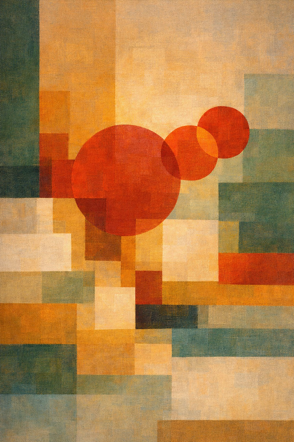 Quiet Geometry III: Held Light — mid-century abstract, deep red circular forms over warm and cool blocks