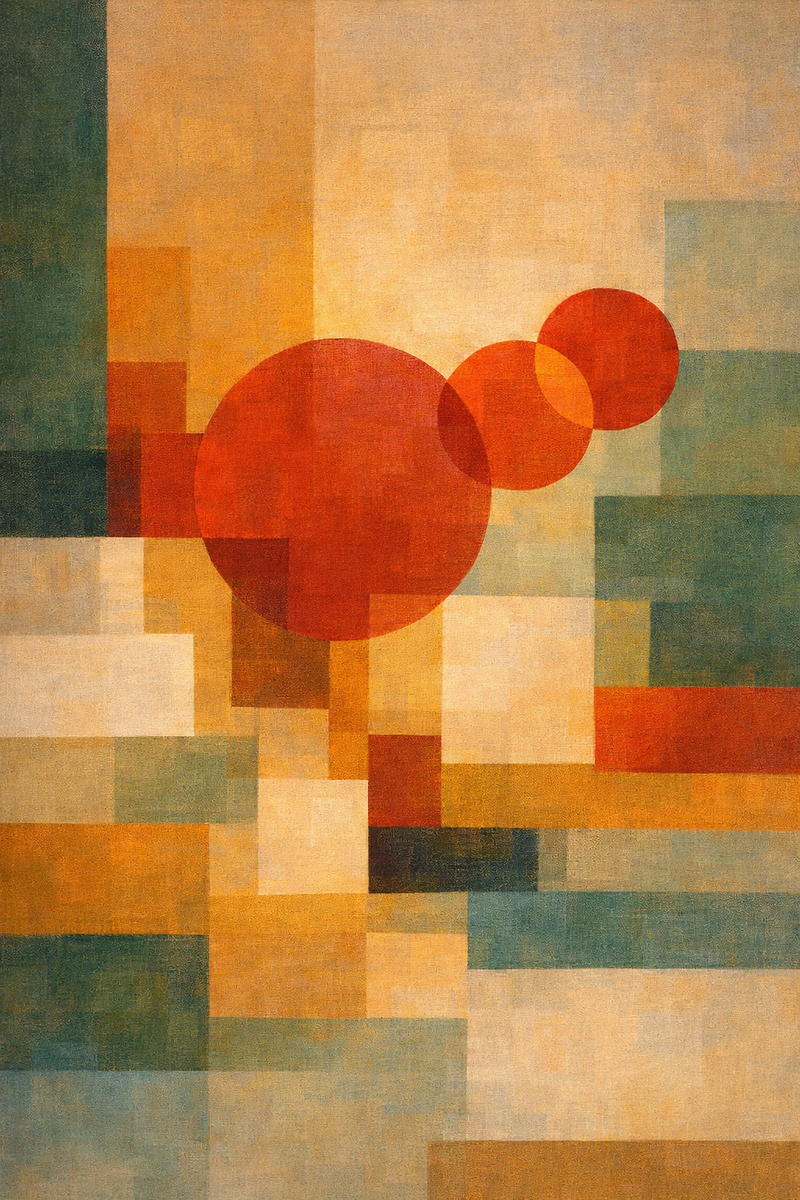 Quiet Geometry III: Held Light — mid-century abstract, deep red circular forms over warm and cool blocks